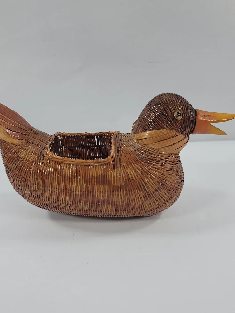 Vintage Wicker Duck Basket Carved Bill